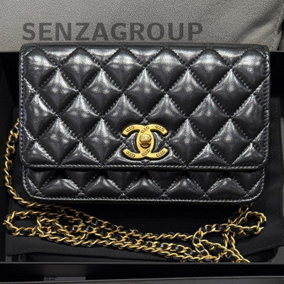 Chanel 24B WOC Quilted Chain Shoulder Bag Black Gold Women's Fashion