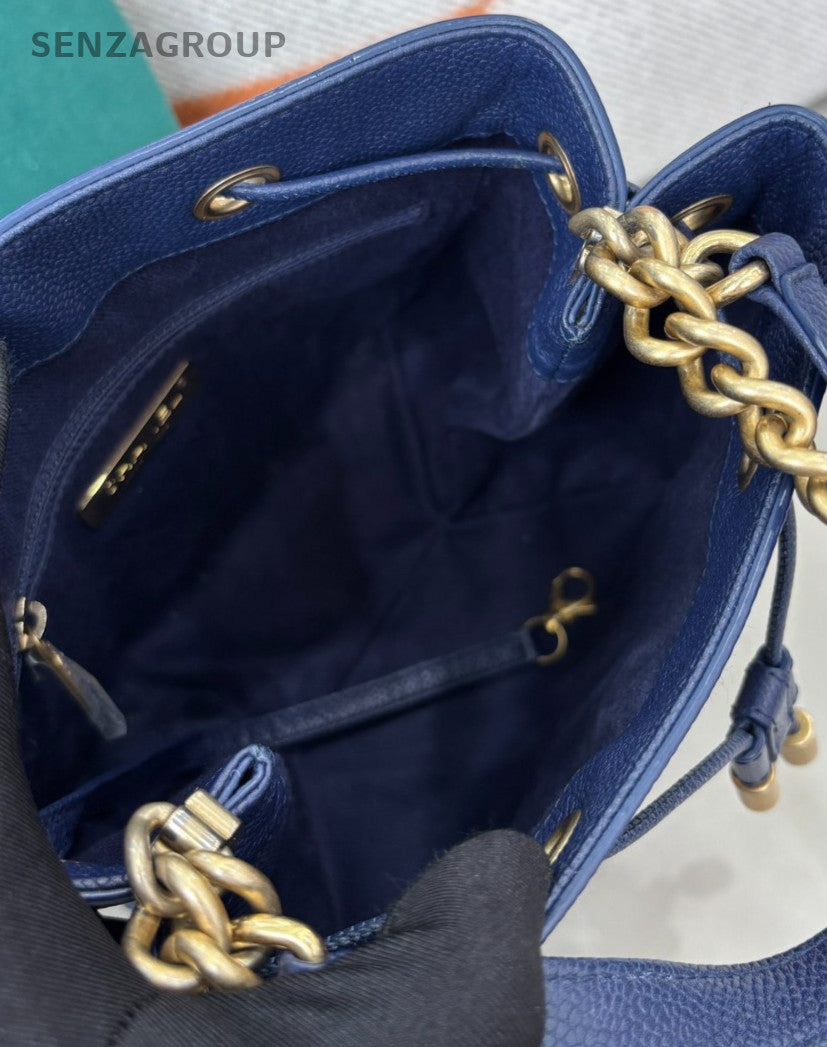 Chanel Calfskin Bucket Chain Shoulder Bag Crossbody Blue Gold Diamond Women