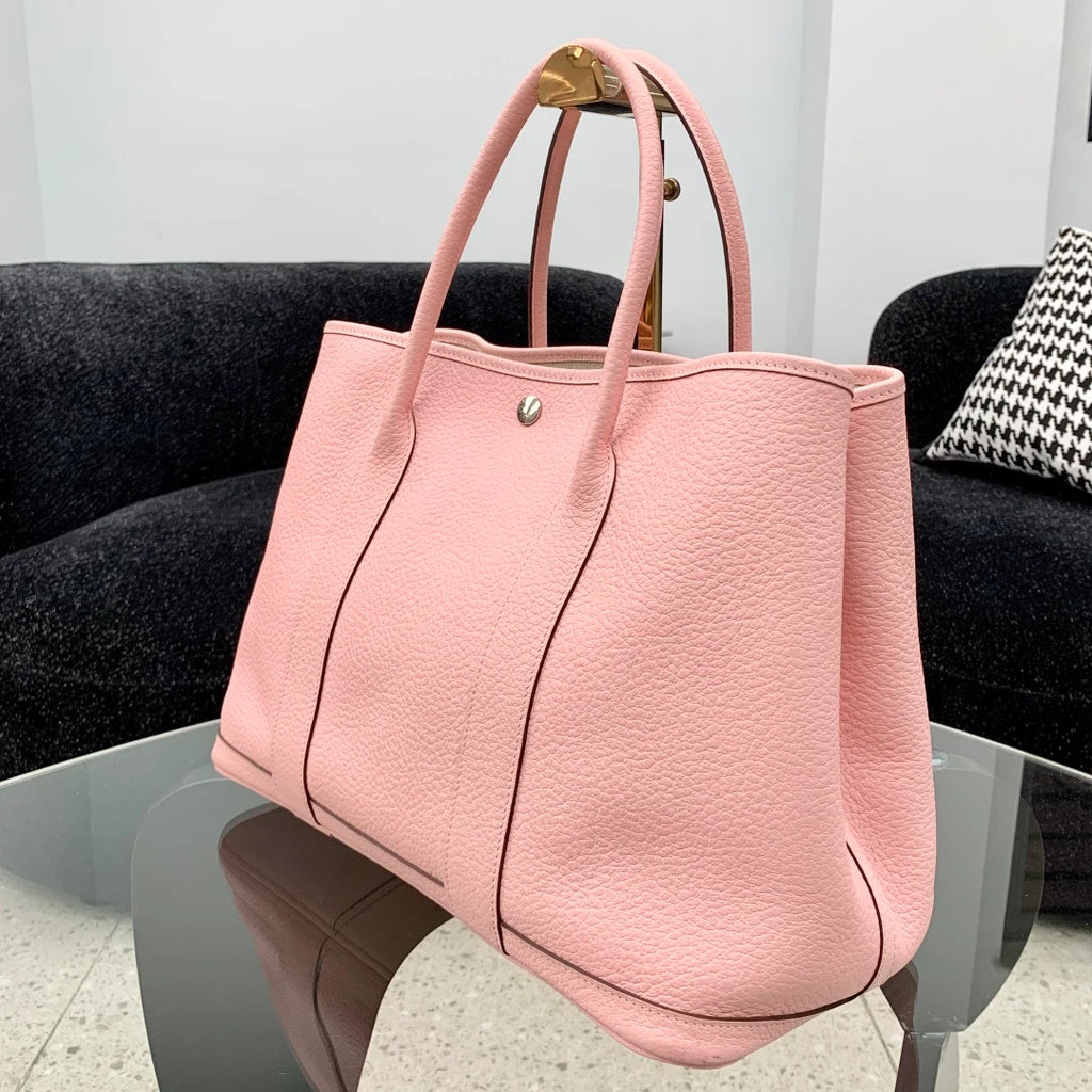Hermes Garden Party 36 Calfskin Tote Top Handle Bag Pink Silver Women Fashion S