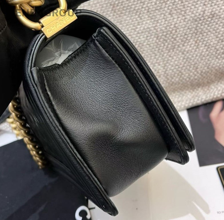 Chanel Leboy PM Calfskin Chain Shoulder Bag Crossbody Black Gold Women Classic