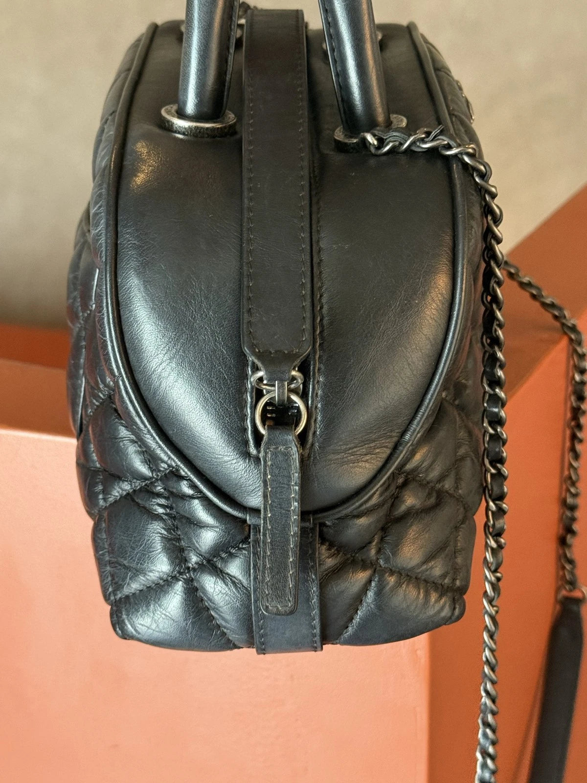 Authentic Chanel Bowling MINI Oil Wax Top Handle Shoulder Bag Black SHD