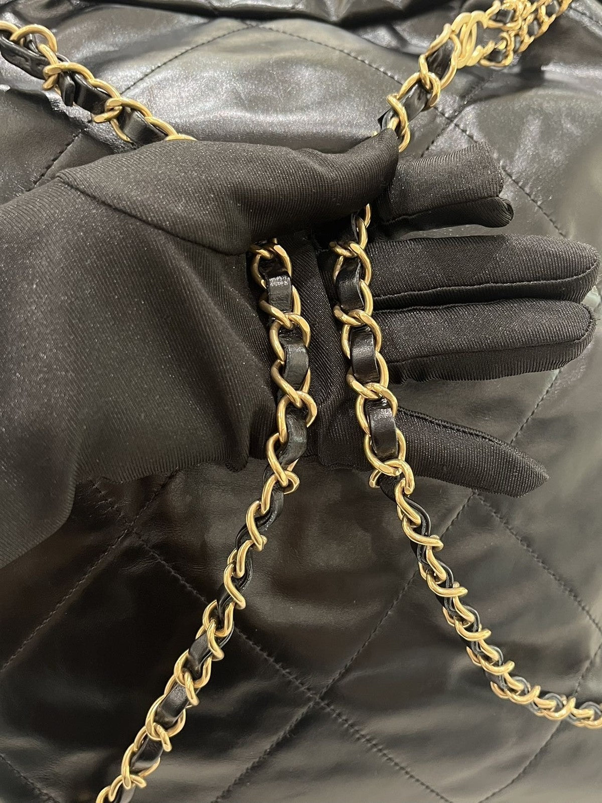 Chanel 22 Bag Medium Black Gold Quilted Chain Backpack Classic Women