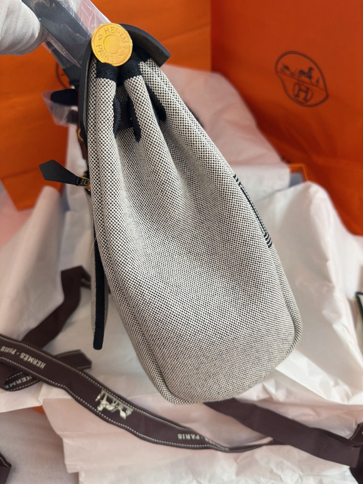 Hermes Herbag31 Top Handle Shoulder Crossbody Gray Black Gold Women Classic