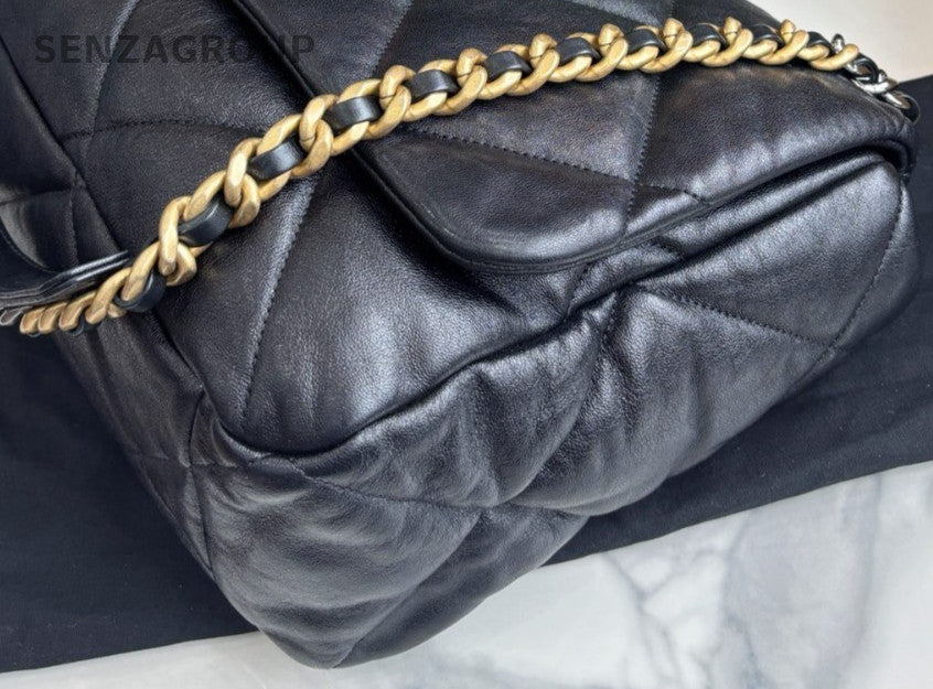 Chanel 19 Maxi Chain Shoulder Bag Crossbody Black Gold Women Classic
