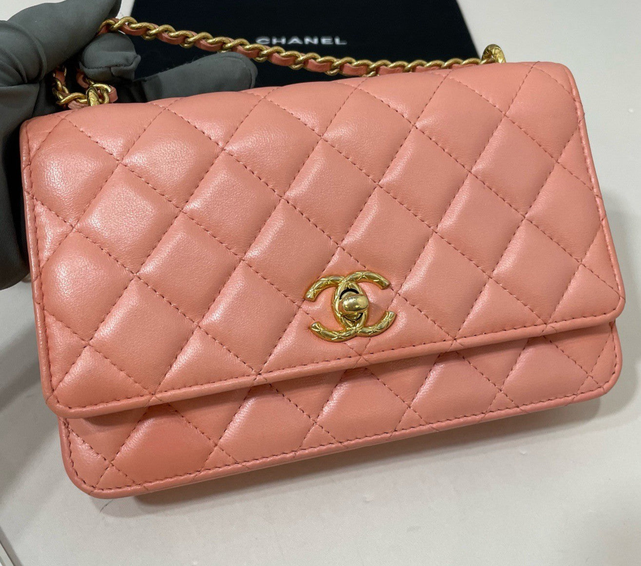 Chanel Chain Lambskin Crossbody Orange Gold Diamond Women Classic