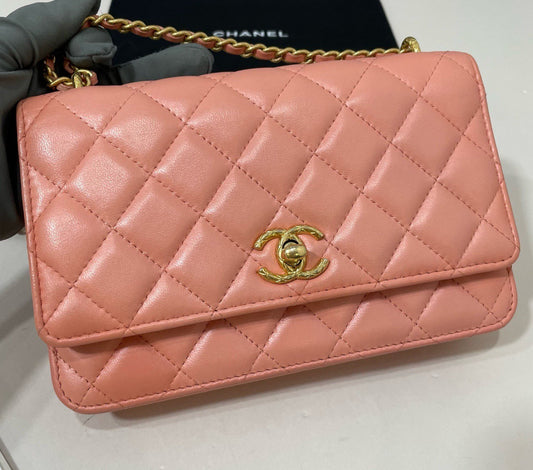 Chanel Chain Lambskin Crossbody Orange Gold Diamond Women Classic
