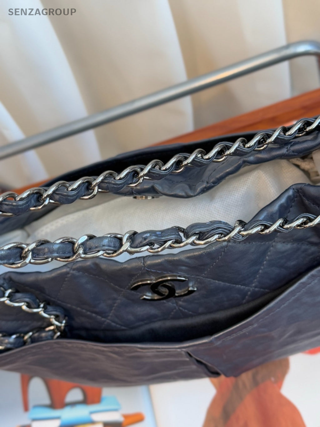 CHANEL CC Logo Tote Chain Shoulder bag Navy Blue Women Classic