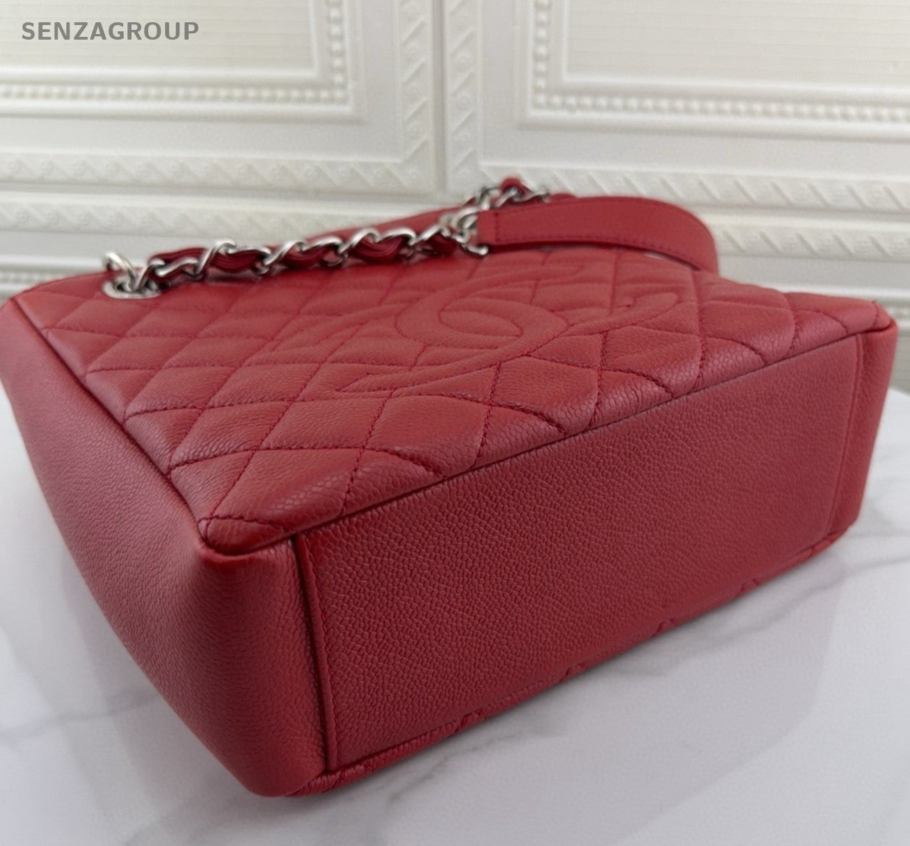 Chanel PST 12A Chain Calfskin Shoulder Bag Red Silver Diamond Women Classic