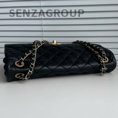 Chanel Black Gold Quilted Accordion Chain Shoulder Bag Classic Women