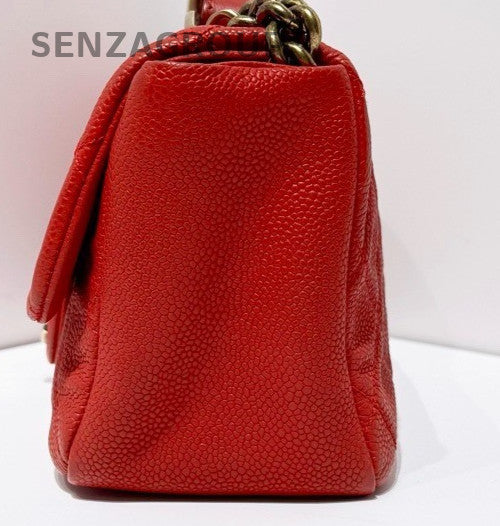 Chanel Classic Flap Calfskin Top Handle Shoulder Bag Red Gold Women Vintage