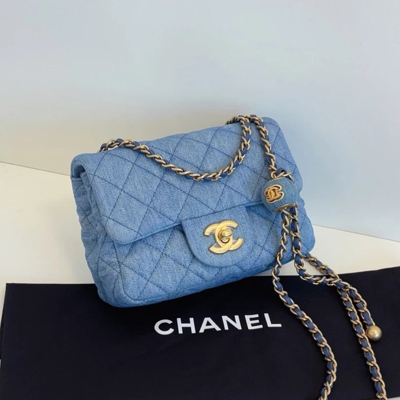 Chanel Classic Flap Denim Chain Shoulder Bag Crossbody Blue Gold Women Fashion