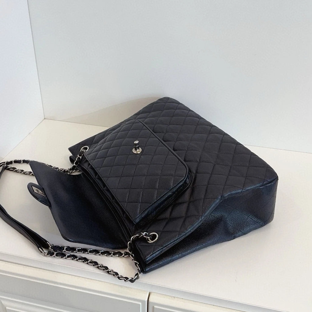 Chanel Calfskin Tote Chain Shoulder Bag Black Silver Diamond Women Classic