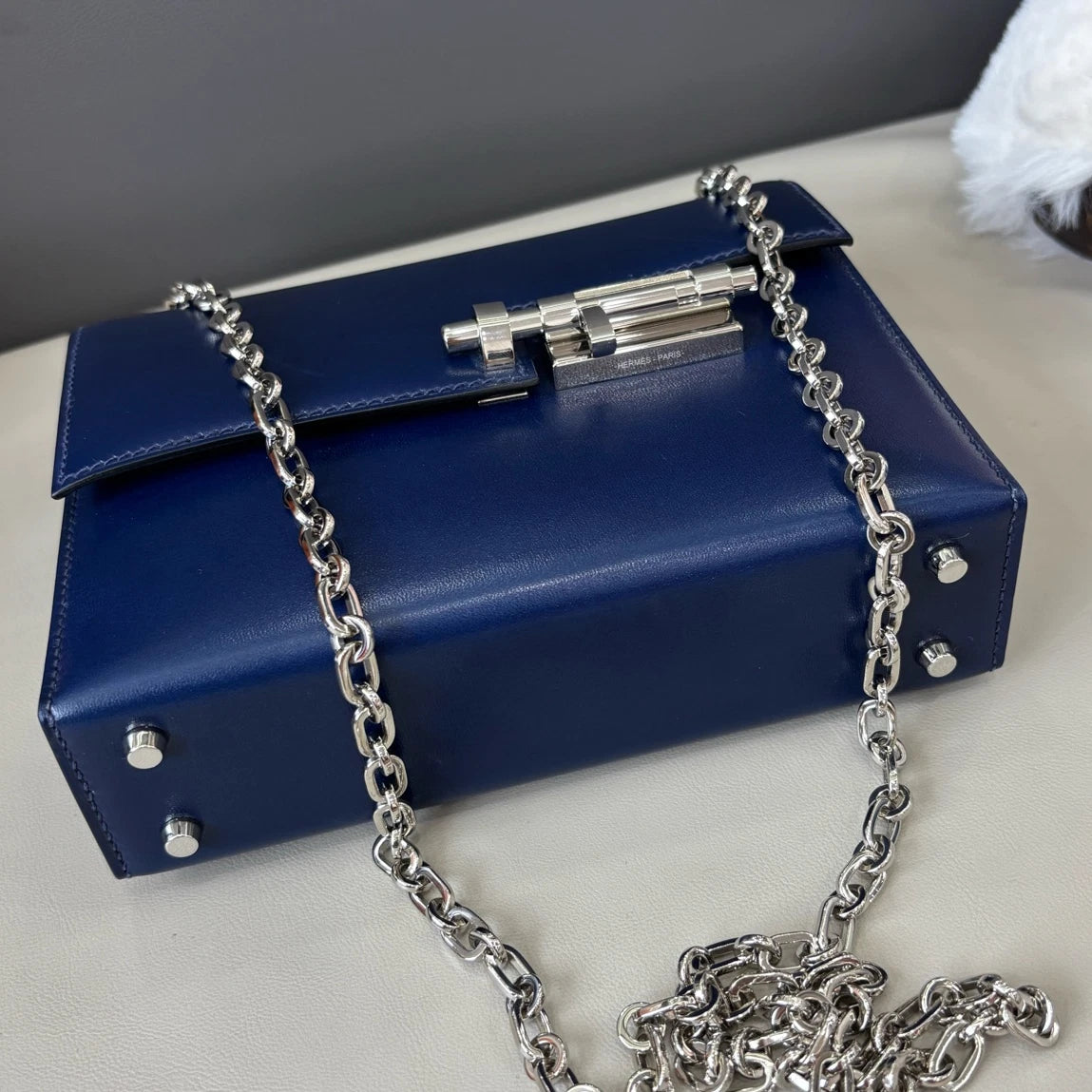 Hermes Verrou Mini Chain Shoulder Bag Blue Silver Used Women Classic