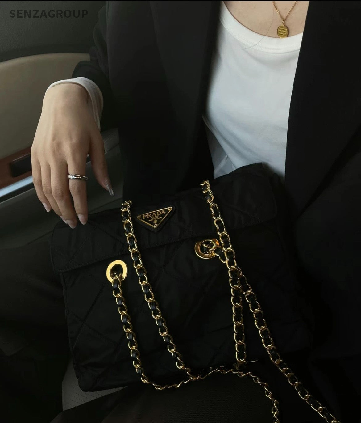Prada Quilted Canvas Shoulder Crossbody Bag Classic Black Women