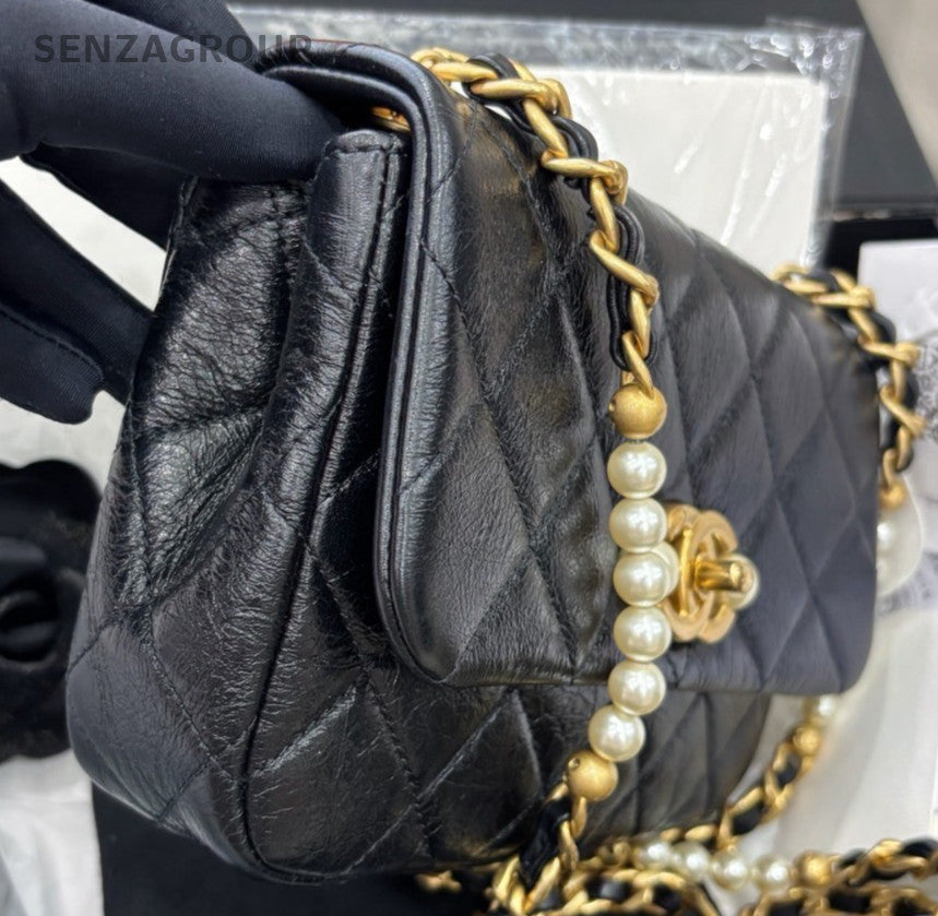 Chanel Diamond Pearl Chain Calfskin Shoulder Bag Crossbody Black Gold Women