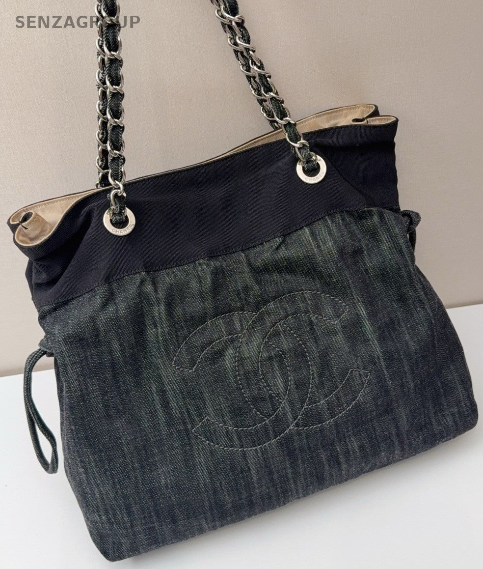 Chanel Denim CC Logo Tote Chain Shoulder Bag Black Silver Women Classic
