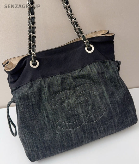 Chanel Denim CC Logo Tote Chain Shoulder Bag Black Silver Women Classic