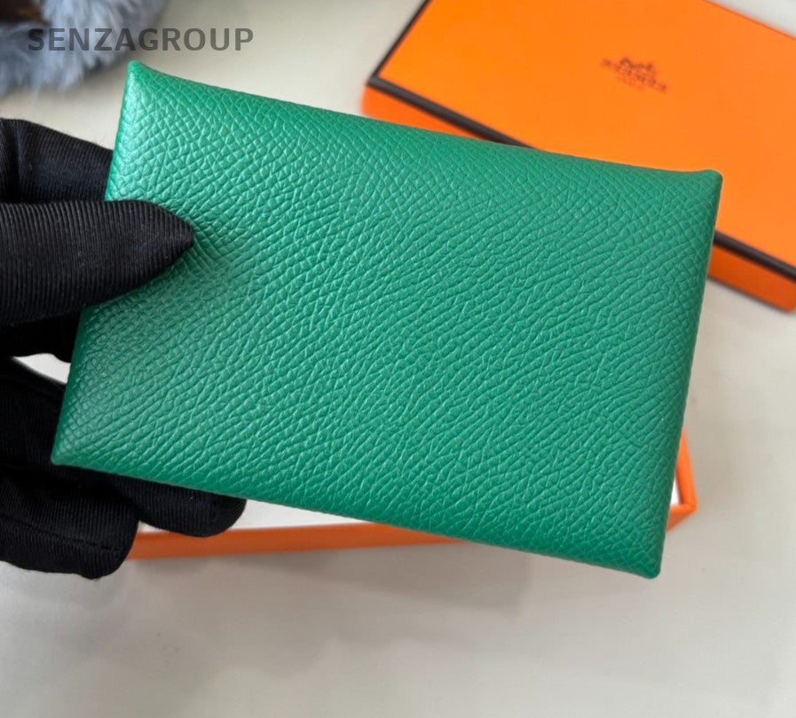 Hermes Calvi Card Case Green Epsom Leather Purse