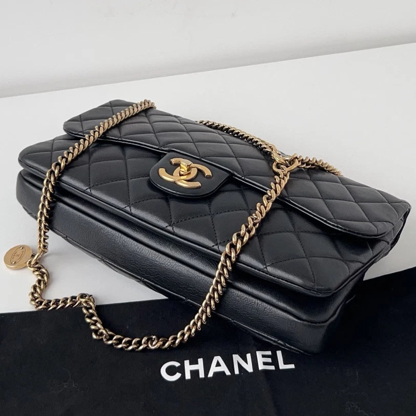 Chanel Classic Flap Jumbo Calfskin Gold Coin Chain Black Shoulder Bag Crossbody