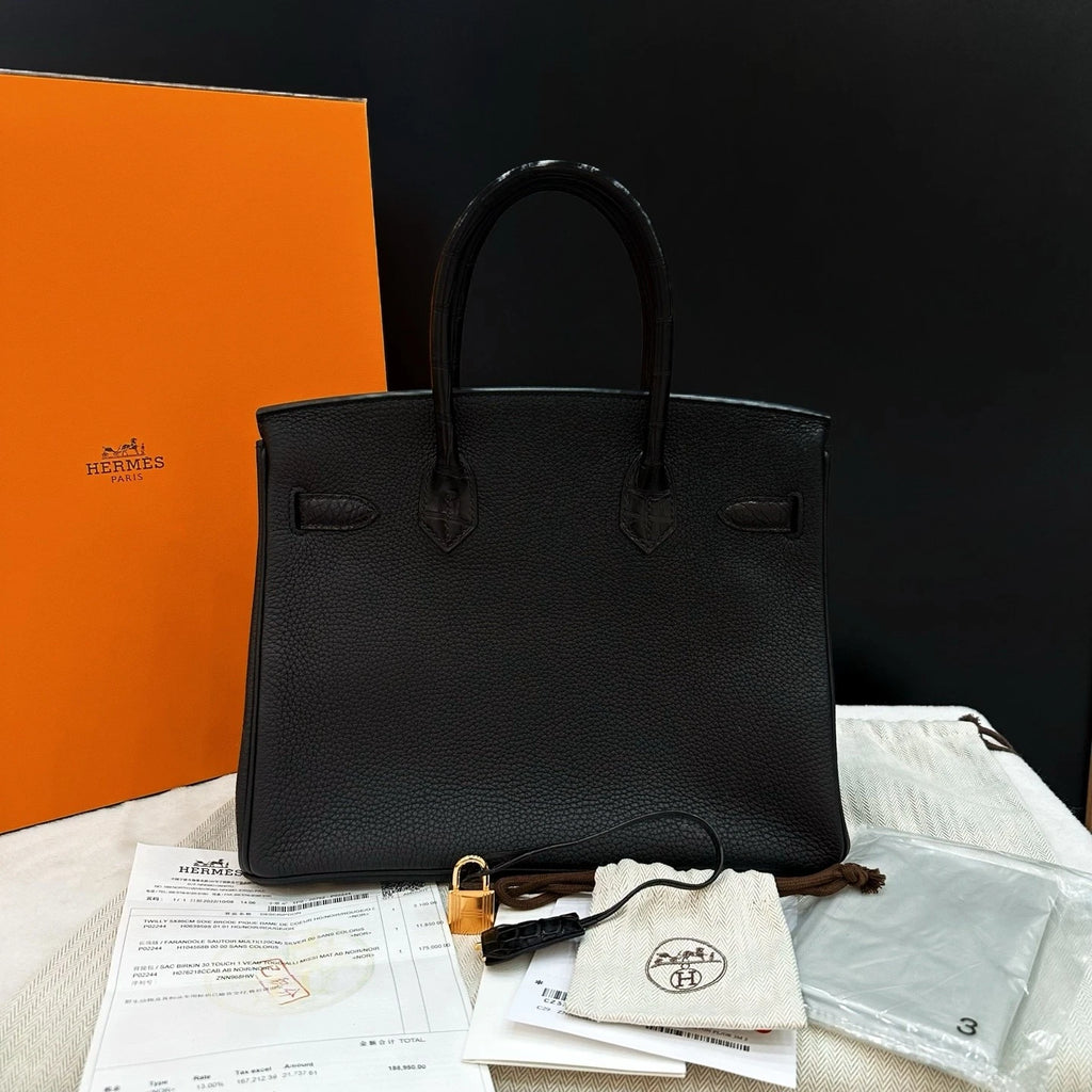 Hermes Birkin30 Black Gold Togo Leather Handbag For Women