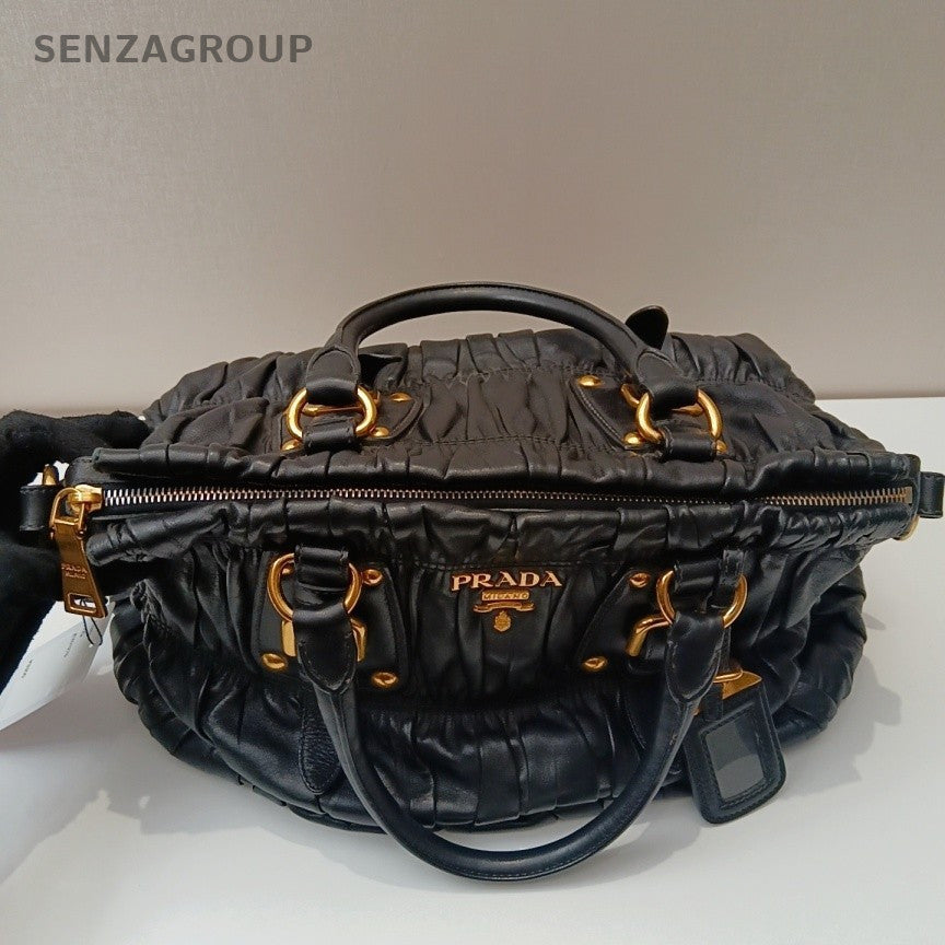 Prada Nappa Tote Black Gold Shoulder Bag Crossbody Used Women Classic Designer