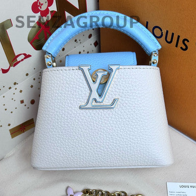 Louis Vuitton Capucines Nano White & Blue Handbag Chain Strap Women Fashion