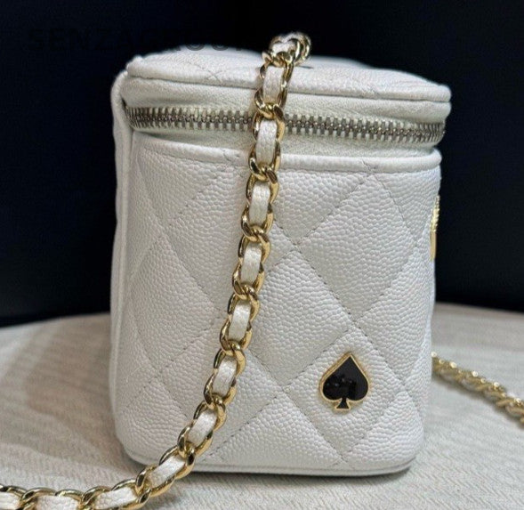 Chanel Diamond Chain Box Calfskin Crossbody White Gold Women Classic
