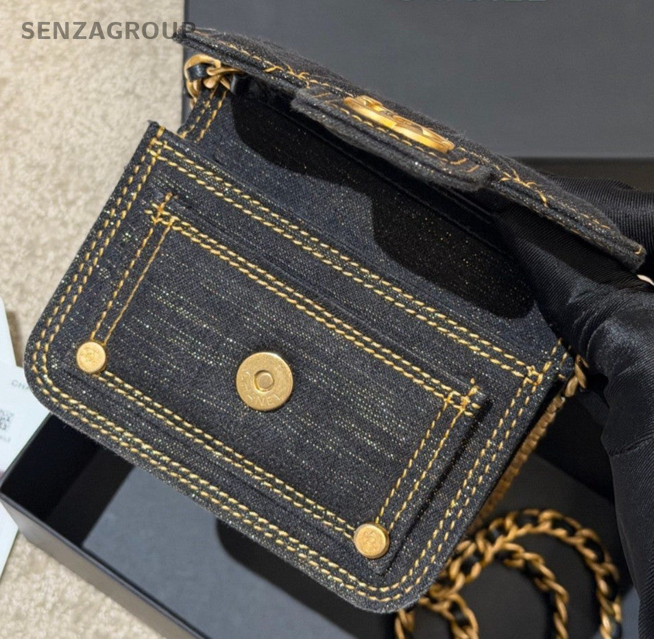 Chanel Diamond Mini Denim Chain Shoulder Bag Crossbody Black Gold Women Classic