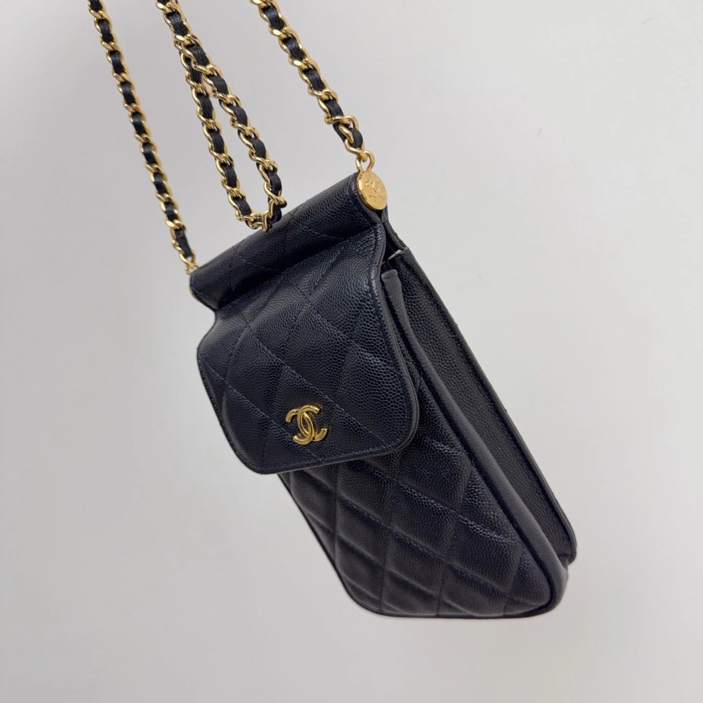 Chanel Caviar Leather Phone Case Crossbody Bag Card Holder Black Classic