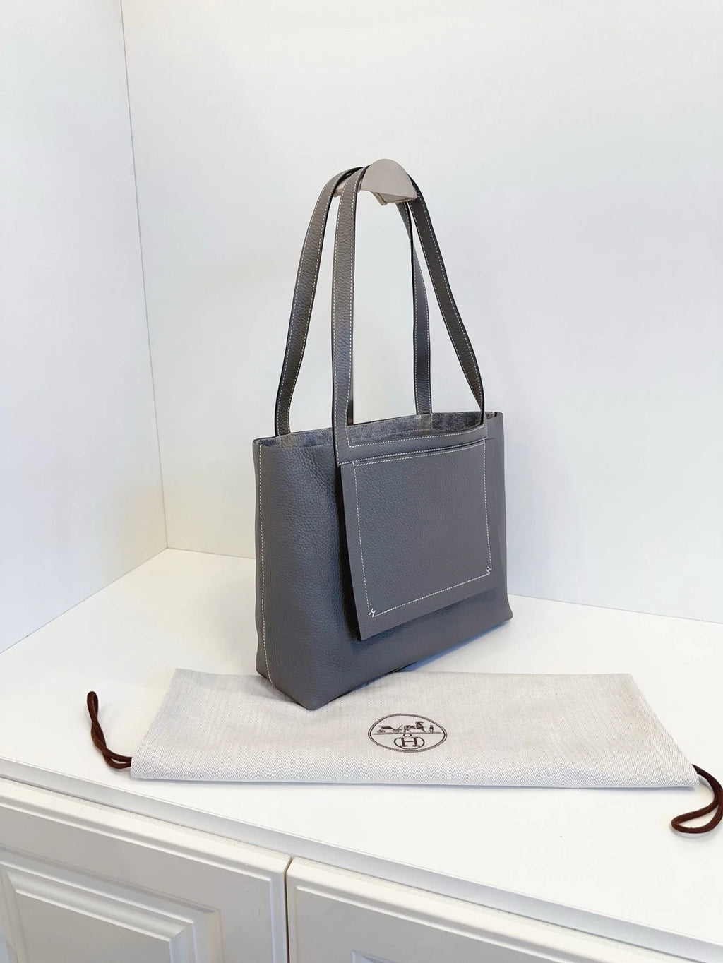 Authentic Excellent Hermes Cabasellier31 Calfskin Tote Top Handle Bag Grey