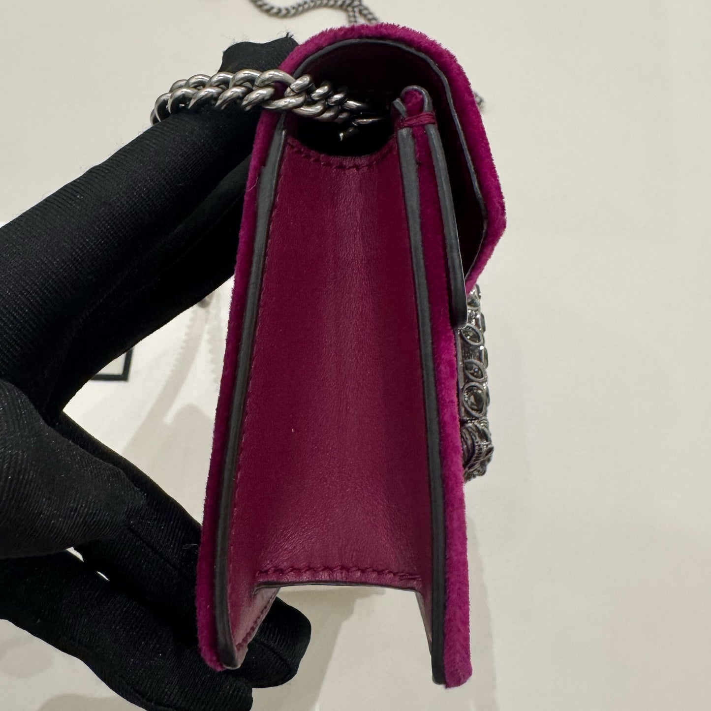 Gucci Dionysus Mini Chain Bag in Velvet, Burgundy with Silver Hardware