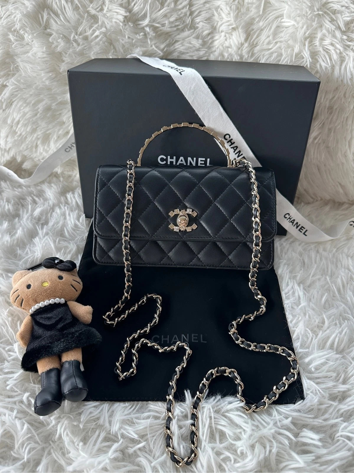 Chanel Diamond WOC Top Handle Crossbody Black Gold Women Classic