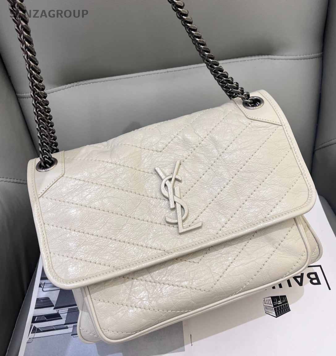 Saint Laurent Niki MM Chain Shoulder Bag White Silver Women Classic