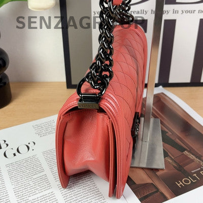 Chanel Le Boy Medium Quilted Chain Shoulder Bag Red Black Hardware