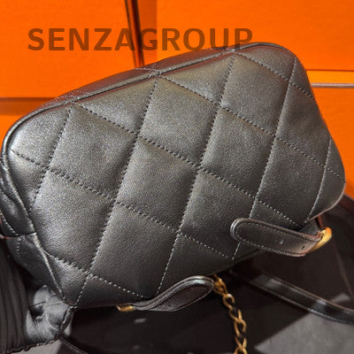 Chanel 25S Black Gold Chain Drawstring Backpack Quilted Women Fashion