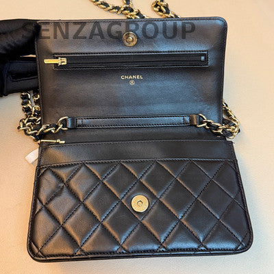 Chanel WOC Quilted Chain Shoulder Crossbody Bag Black Gold Classic Women