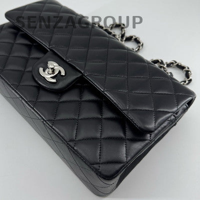 Chanel Classic Flap Black Silver Medium Lambskin Shoulder Crossbody Bag