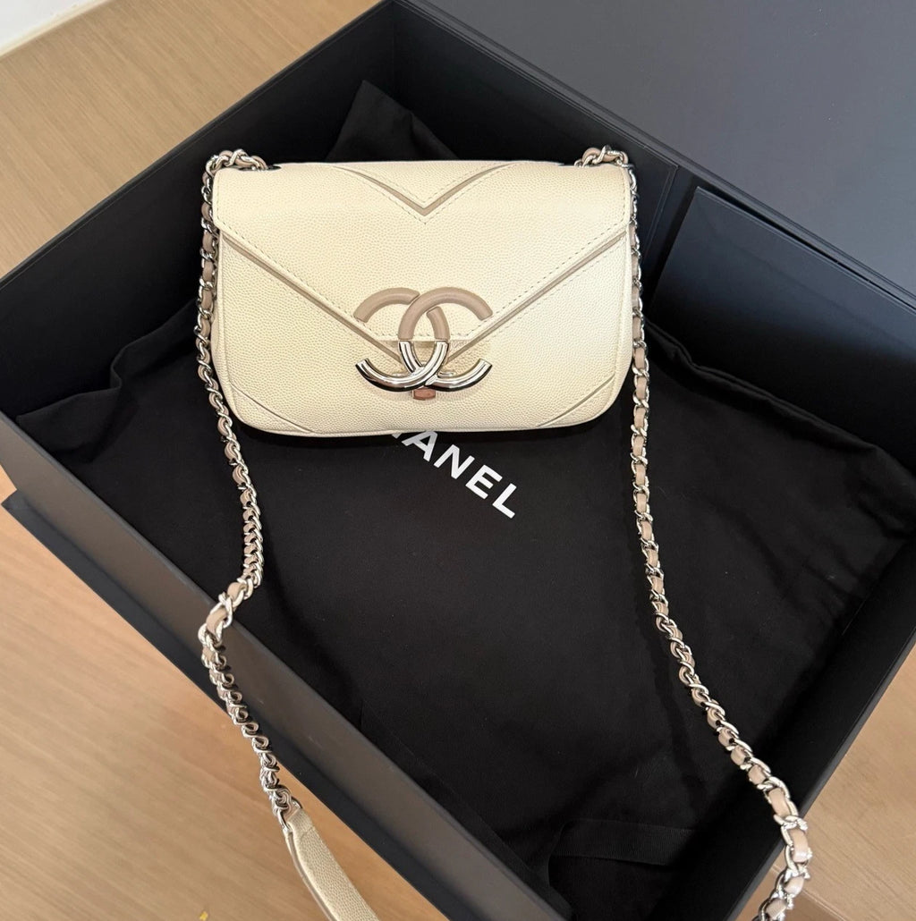 Chanel Calfskin White Shoulder Bag Crossbody Bag Silver Hardware Women