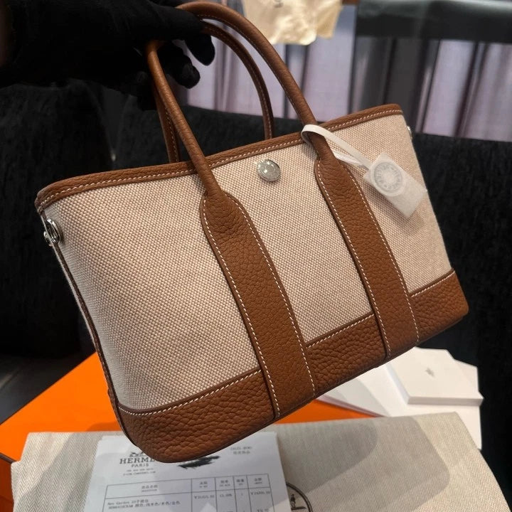 Hermes Garden Party Mini Canvas Tote Top Handle Bag Brown Silver Women Classic D