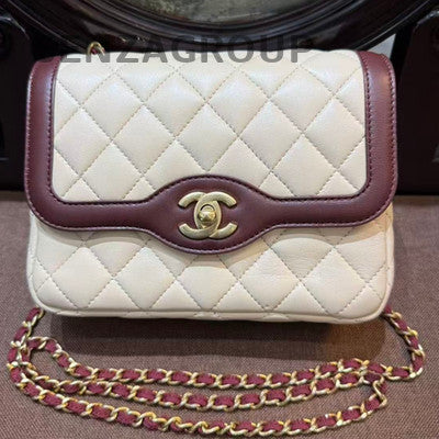 Chanel Quilted Chain Bag Beige Red Crossbody Classic Women's