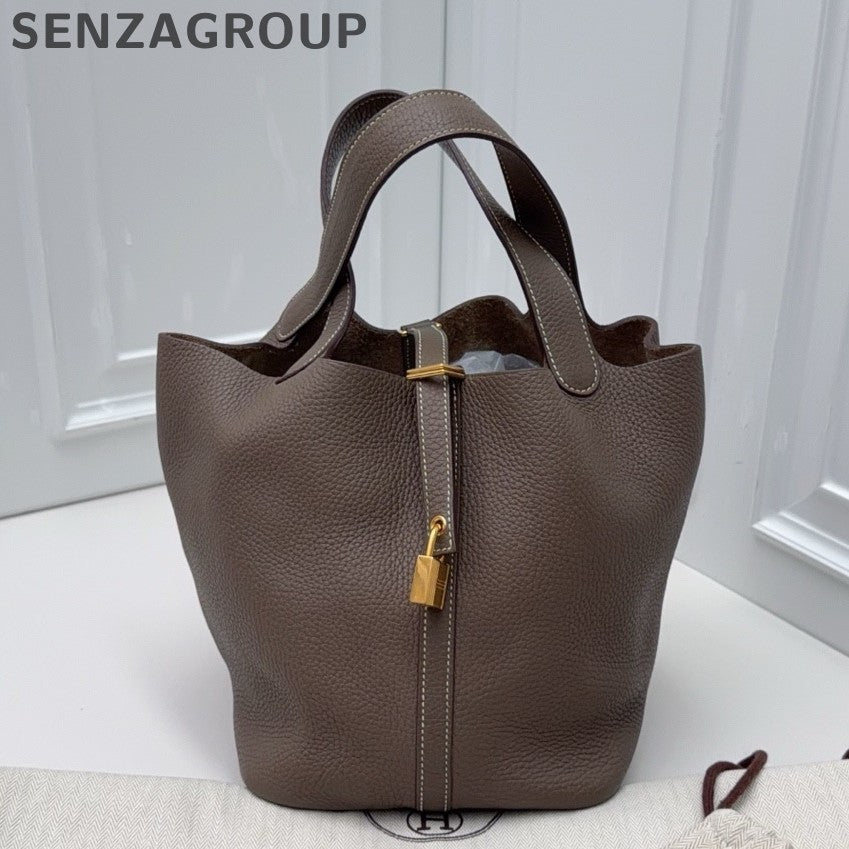 Hermes Picotin22 Top Handle Shoulder Bag Gray Gold Women Classic
