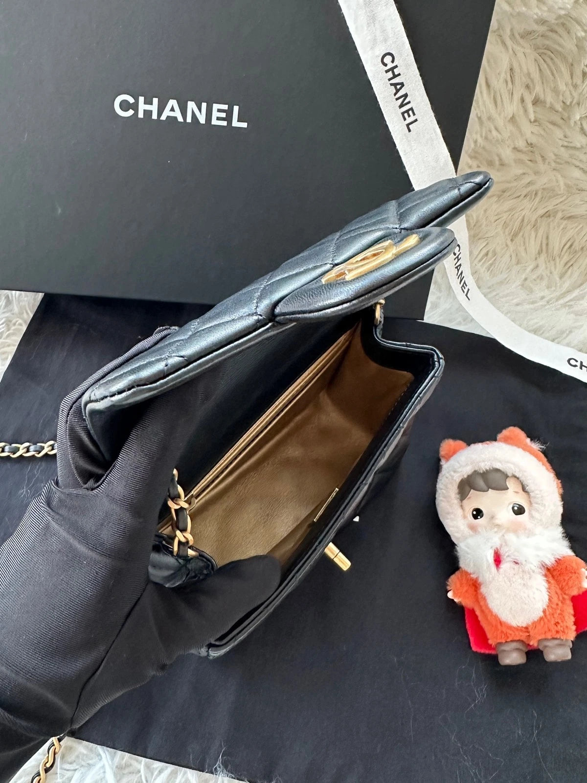 CHANEL Black Lambskin Gold Chain Square Crossbody Bag For Women