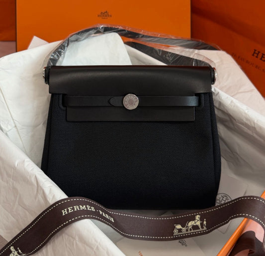 Hermes Herbag Mini Shoulder Bag Black Silver Unisex Adults Classic Fashion