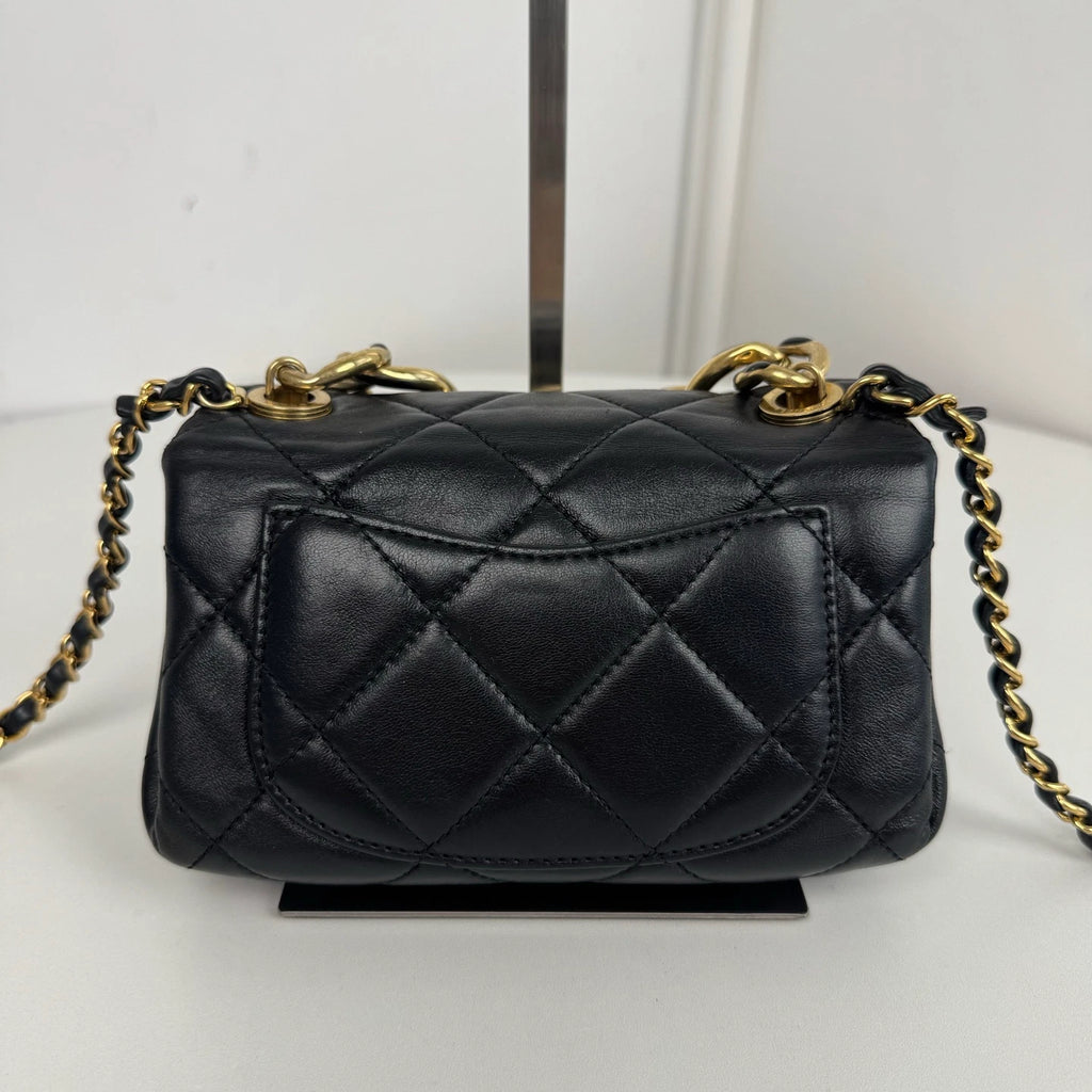Chanel Diamond Mini Chain Shoulder Bag Crossbody Black Gold Women Classic