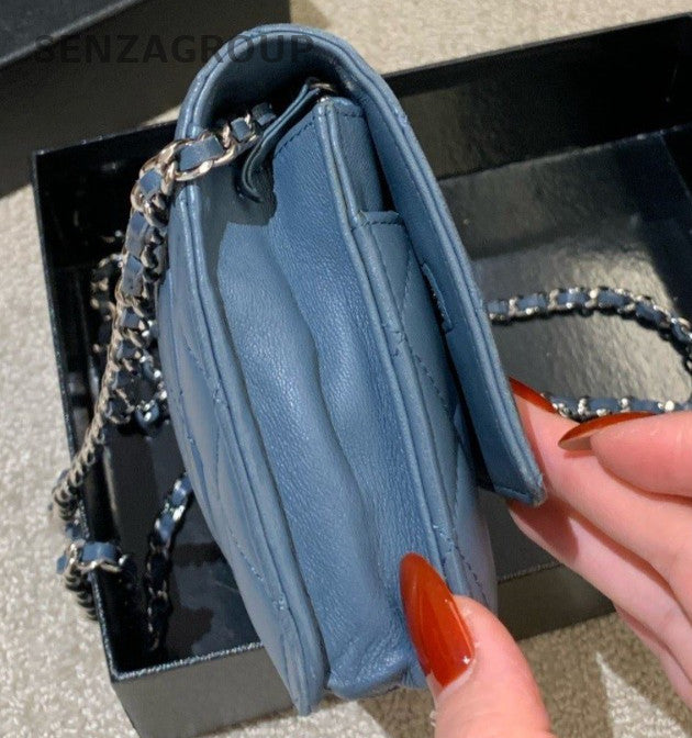 Chanel WOC Chain Lambskin Crossbody Blue Silver Used Women Classic
