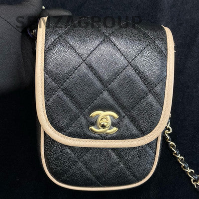 Chanel Beige Black Silver Chain Phone Crossbody Bag Quilted Women's Fashion