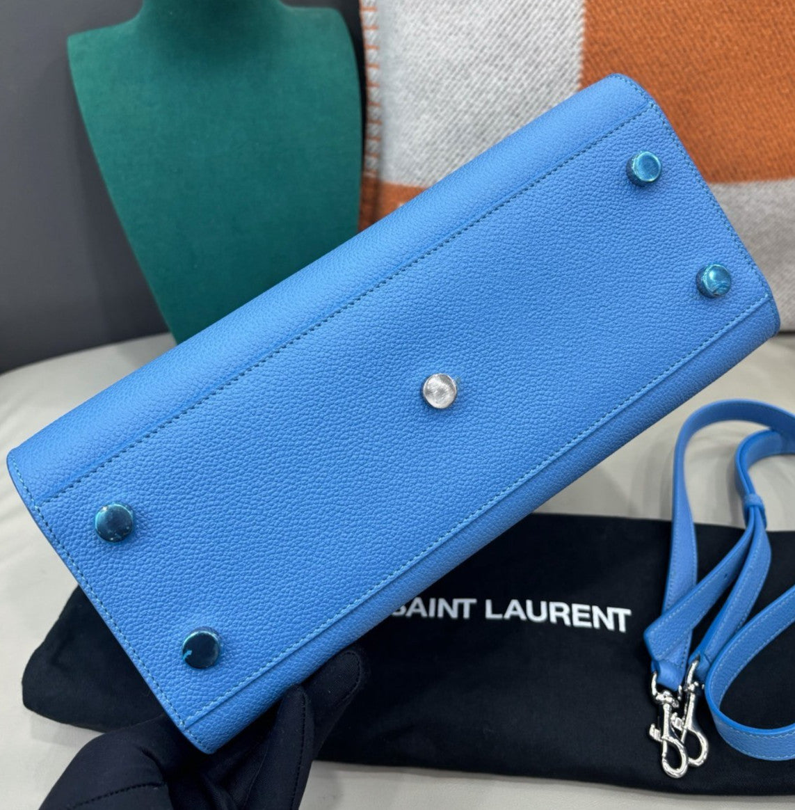 Saint Laurent Calfskin Tote Top Handle Bag Crossbody Blue Silver Women Classic
