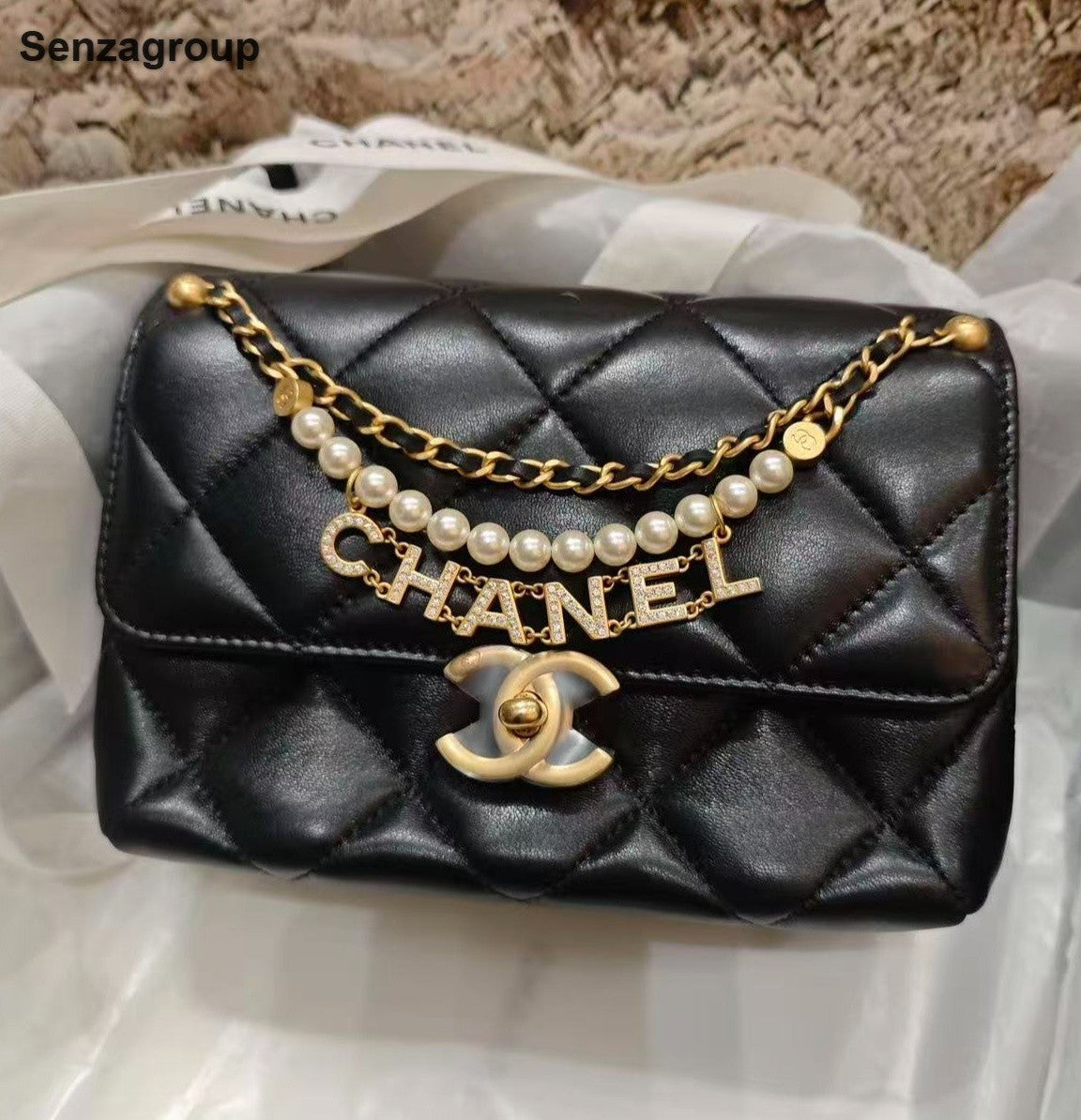 Brand New Chanel 24A Pearl Chain Shoulder Bag Black Gold Women Chip Version