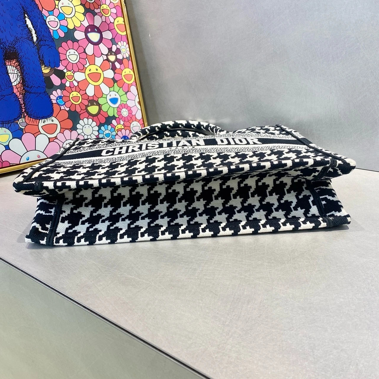 Dior Black White Houndstooth Medium Tote Top Handle Bag For Women