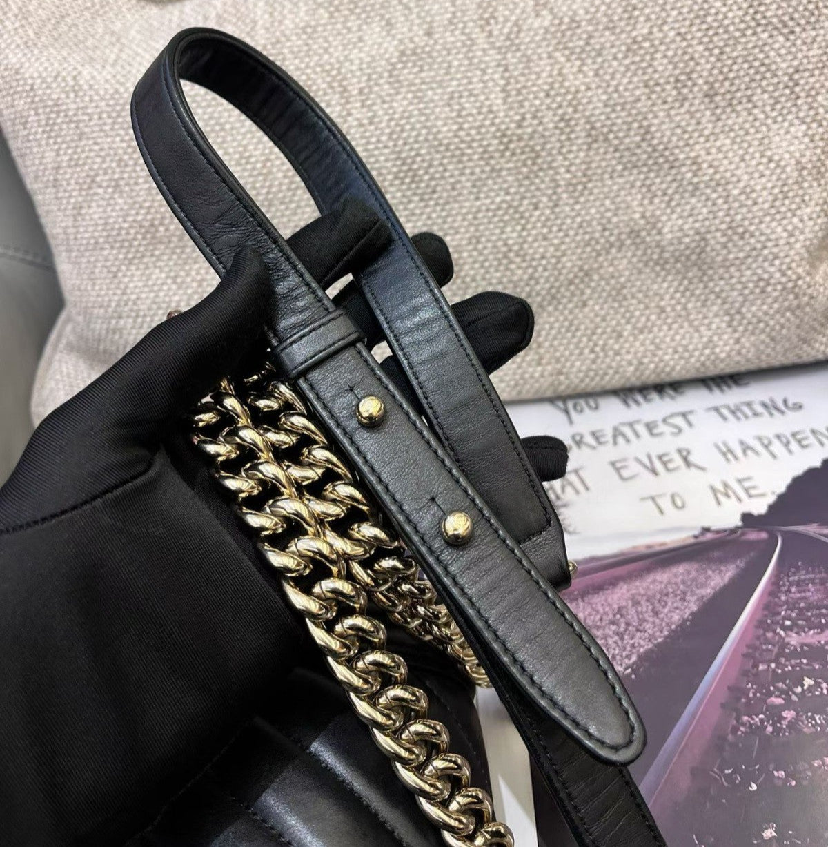 Chanel Leboy PM Chain Calfskin Shoulder Bag Crossbody Black Gold Women Classic